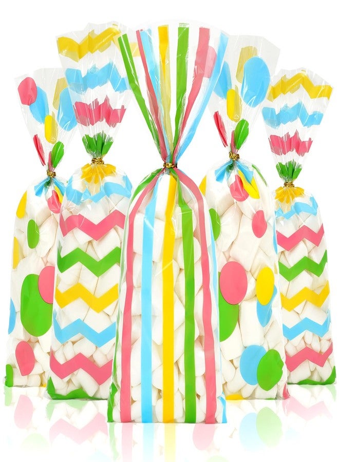 Whaline 100Pcs Easter Cellophane Treat Bags Colorful Stripe Wave Dot Plastic Candy Bags Cello Goodie Bags with Twist Ties for Spring Party Favors Supplies - Image 1